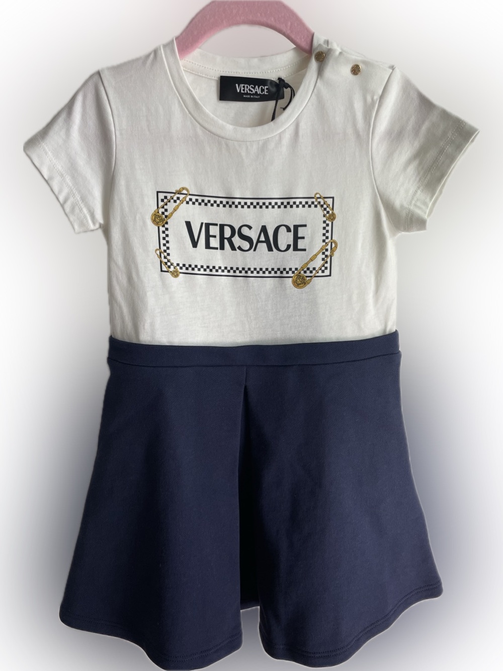 Versace Kids Cream Dress with Navy Logo Frame and Gold Buttons Toddler 3